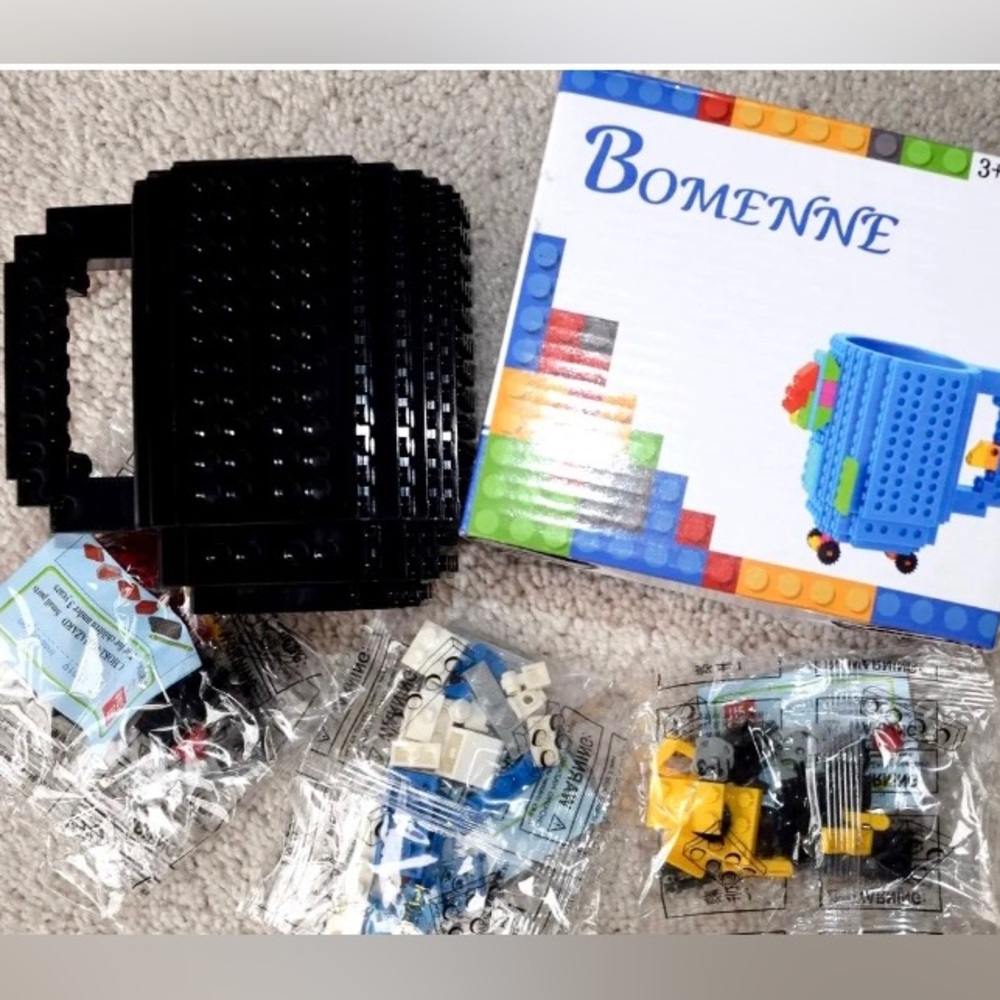 NEW BOMENNE Build-on Brick Black Mug 12 Oz  Set w/ 3 Packets BPA Free NE…